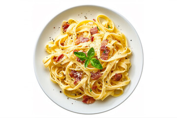 Fettuccine Carbonara in a plate. Pasta with carbonara sauce and bacon. White background, top view.