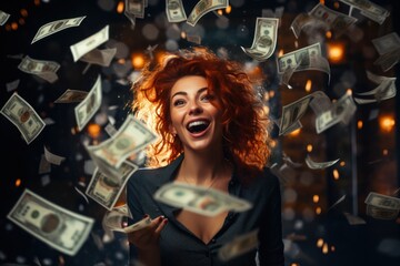 portrait of a happy woman with money