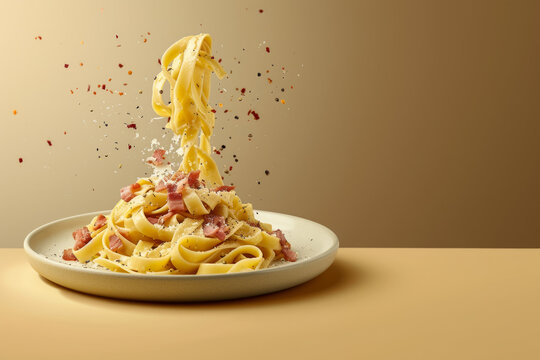 Fettuccine Carbonara in a plate. Pasta with carbonara sauce and bacon. Brown background, side view. Space for text. Food levitation.