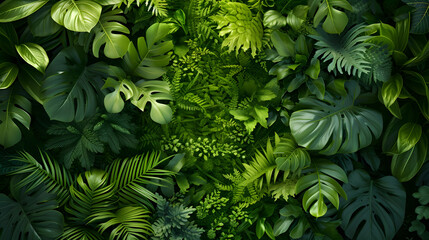 Top view of green monstera leaves background