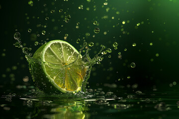 Lime in water splash. Vibrant green background, side view. Space for text.