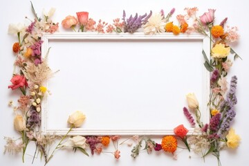 Naklejka na ściany i meble blank white paper frame border with dried flowers. celebration card decoration banner