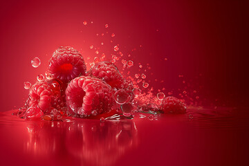 Raspberries in water splash. Vibrant red background, side view. Space for text.