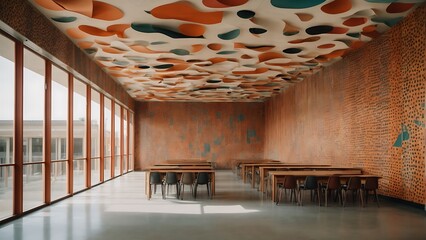 A school building that doubles as an art installation, with abstract shapes and patterns covering its exterior and interior walls.