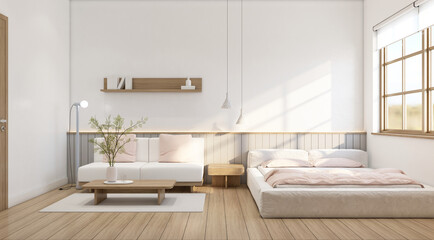 Fototapeta na wymiar Modern japan style tiny room decorated with minimalist sofa and white bed, white wall and gray slat wall, wood floor and window. 3d rendering
