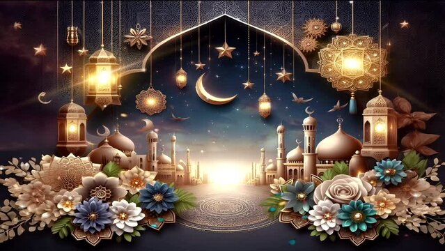 Animasi background islami dengan adegan tenang, hiasan keagamaan megah seperti ramadhan, haji, idul fitri dan acara islami lainnya. Latar belakang animasi vertical video 4K perulangan mulus