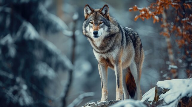 In a snowy forest, a majestic grey wolf stands tall on a rocky ledge, its piercing gaze fixed on its surroundings, infrared photography, van gogh style,  