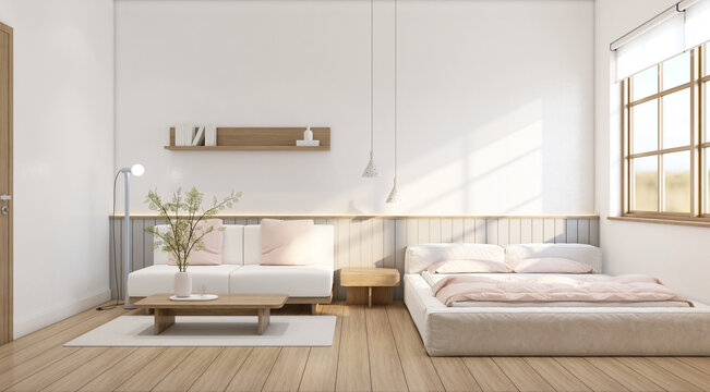 Modern japan style tiny room decorated with minimalist sofa and white bed, white wall and gray slat wall, wood floor and window. 3d rendering
