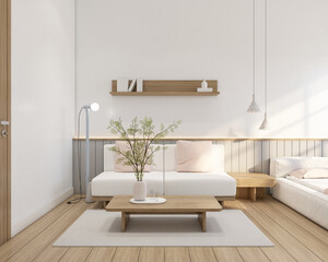 Fototapeta na wymiar Modern japan style tiny room decorated with minimalist sofa and coffee table, white wall and gray slat wall. 3d rendering