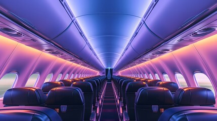 Soft ambient lighting enhances the spacious cabin, and rows of neatly arranged seats invite passengers to relax during their journey. The overhead compartments and the view of the airplane's wings thr