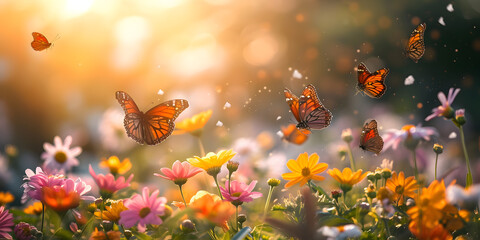 Butterflies flying over flowers in the morning light. Nature background