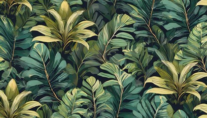 Illustration eines exotischen Dschungels durch die Darstellung von verschiedenen, grünen Blättern. Huntergrund, Wallpaper. Ki. Ai. - obrazy, fototapety, plakaty