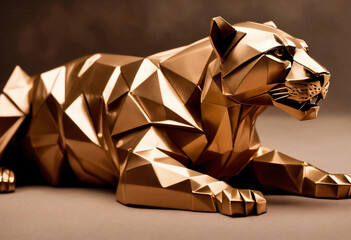 bronze origami jaguar on a plain background