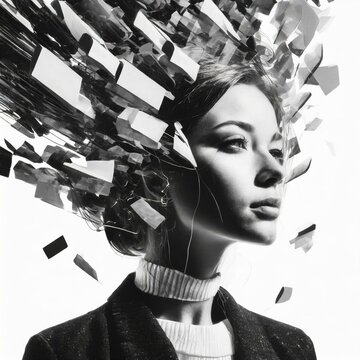 Der Kopf einer Frau in schwarz wei&szlig; l&ouml;st sich in Einzelteile auf. AI. KI. &Uuml;berforderung, Psyche, Depression.