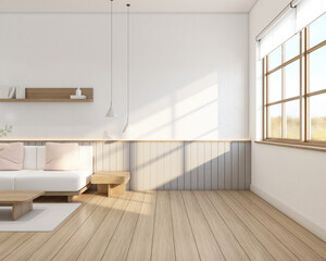 Modern japan style empty room decorated with minimalist sofa and wood coffee table, white wall and gray slat wall, wood floor and window. 3d rendering