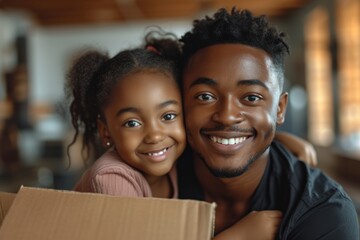 Father and girl moving with box in empty home, moving day picture