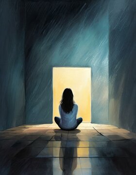 Eine einsame, depressive Frau sitzt in einem leeren Raum verloren in ihren Gedanken. Illustration. Ki. Depression.