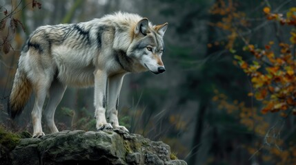 n the dense forest, a majestic grey wolf stood on a rocky ledge, its piercing eyes gazing into the distance, diamond wire photography, manga 