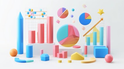 Obraz premium Modern colorful 3D infographics. Statistics Business 3d Pie Chart, Bars, Strips, Steps and Options. Business Infographic creative design made of 3D shapes