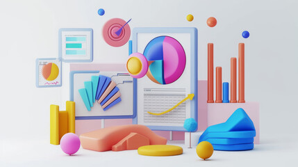 Modern colorful 3D infographics. Statistics Business 3d Pie Chart, Bars, Strips, Steps and Options. Business Infographic creative design made of 3D shapes