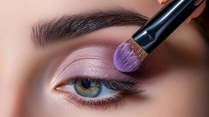 Woman applying eye shadow with makeup brush. Makeup for a young beautiful girl.  Close up - obrazy, fototapety, plakaty