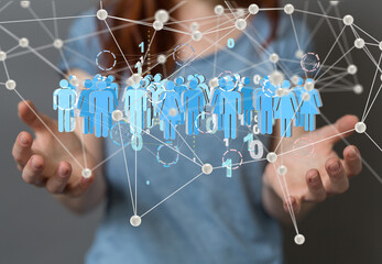 holding 3D rendering group of blue people