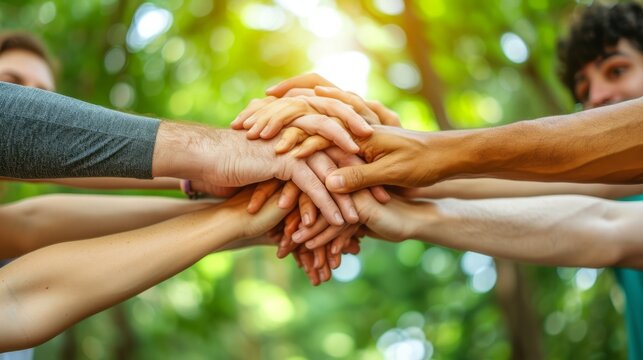 Multiracial group of people joining their hands together in unity and support