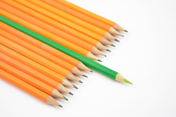 Fototapeta premium Concepts of choice or leadership. Think differently. Sustainability. With wooden pencils and focus on green. Photographed on white background