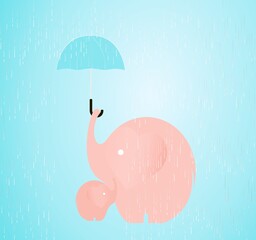 An elephant shielding its child from the rain - 723923712