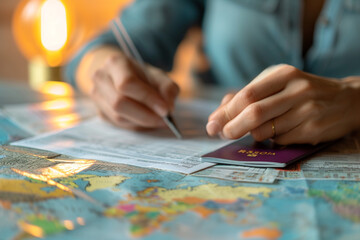 A close-up of hands holding a passport and filling out a visa application form, with travel brochures and a world map in the background  - obrazy, fototapety, plakaty