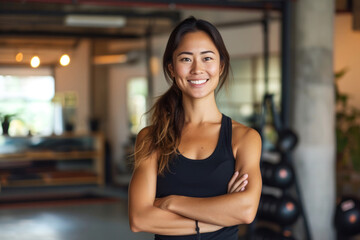 smiling thai young woman trainer in a yoga studio - obrazy, fototapety, plakaty