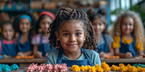 In a cheerful classroom, an adorable black girl in an apron learns art and crafts.