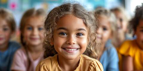 Fototapeta premium A cheerful, positive girl enjoys learning in a diverse and interactive elementary school classroom.