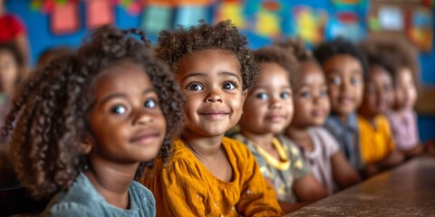 In a kindergarten classroom, adorable African children sit on benches, displaying curiosity and...