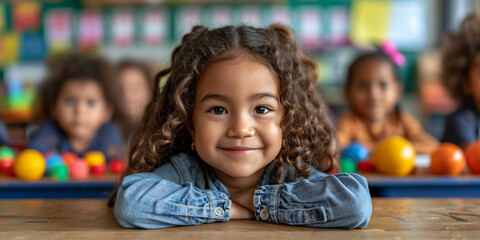 In a playful classroom, beautiful children, including a cute curly girl, engage in learning together.