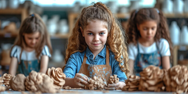 Serious children in a classroom, focused on learning art with clay, fostering creativity together.
