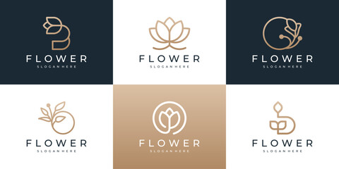 Collection of minimalist flower logo design.Golden beauty logo icon with line art style