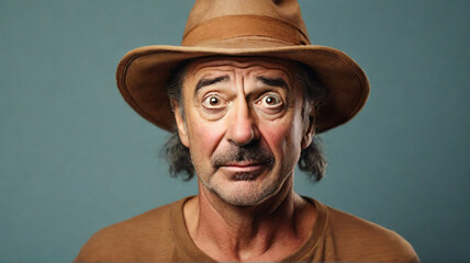 Retro style close up portrait of middle aged goofy man with brown hat and brown shirt - obrazy, fototapety, plakaty