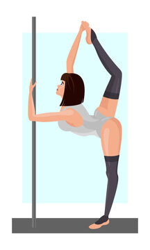 Illustration of a girl dancing on a pole. Pole Dance. Strip plastic. A slender beautiful brunette dances on a pole. Beautiful girl. Dancing.