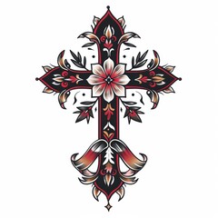 Ornamental Cross Old School Tattoo Illustration with Floral Motifs