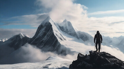 Hiker standing on the top of icy peak and looking at majestic view of wild unapproachable mountain range under snow. Adventure in nature concept. - obrazy, fototapety, plakaty