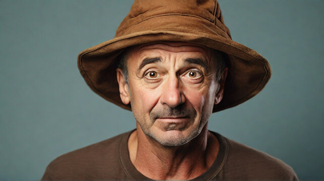 Retro style close up portrait of middle aged goofy man with brown hat and brown shirt