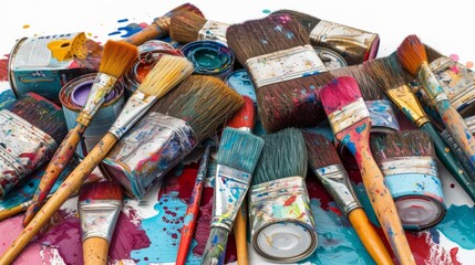 Obraz premium A variety of paintbrushes and paint cans are arranged on a white surface.
