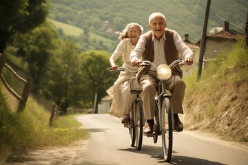 A romantic elderly couple riding a bike. Happy old age together.	