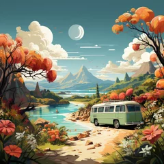 Foto op Plexiglas Retro minibus stands on the seashore, traveling on wheels © Sunshine