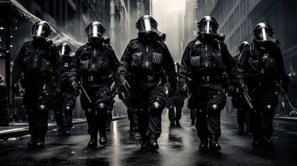 Fototapeta premium Full body squad of police officers in protective gears with guns wearing medical masks during patrolling street