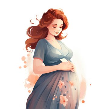 Slightly Overweight Pregnant Woman In Dress Cute Character In Clothes On White Background