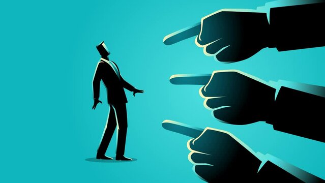 Business concept illustration of a businessman being pointed by giant fingers