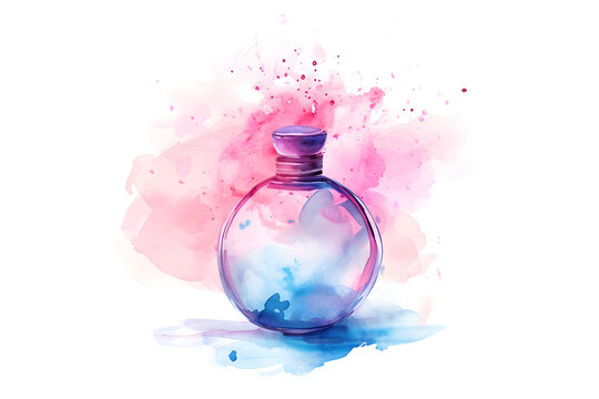 Watercolor drawing of a perfume bottle on white  background 
