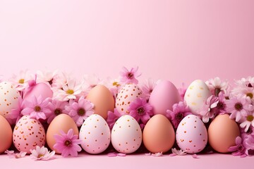 Pastel easter eggs on soft pink background surrounded by flowers, top view with copy space